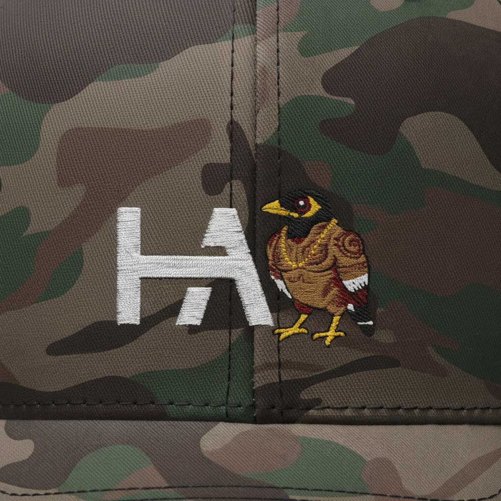 Mynah Camo Snapback — Embroidery Close-Up
