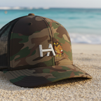 Mynah Camo Snapback — Hawaii Beach Close-Up