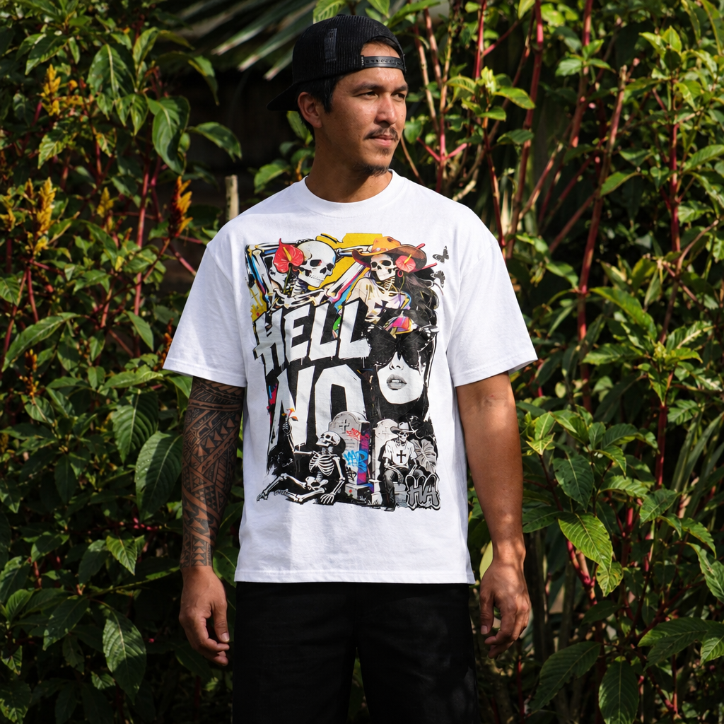 White Hell No tee on the same model